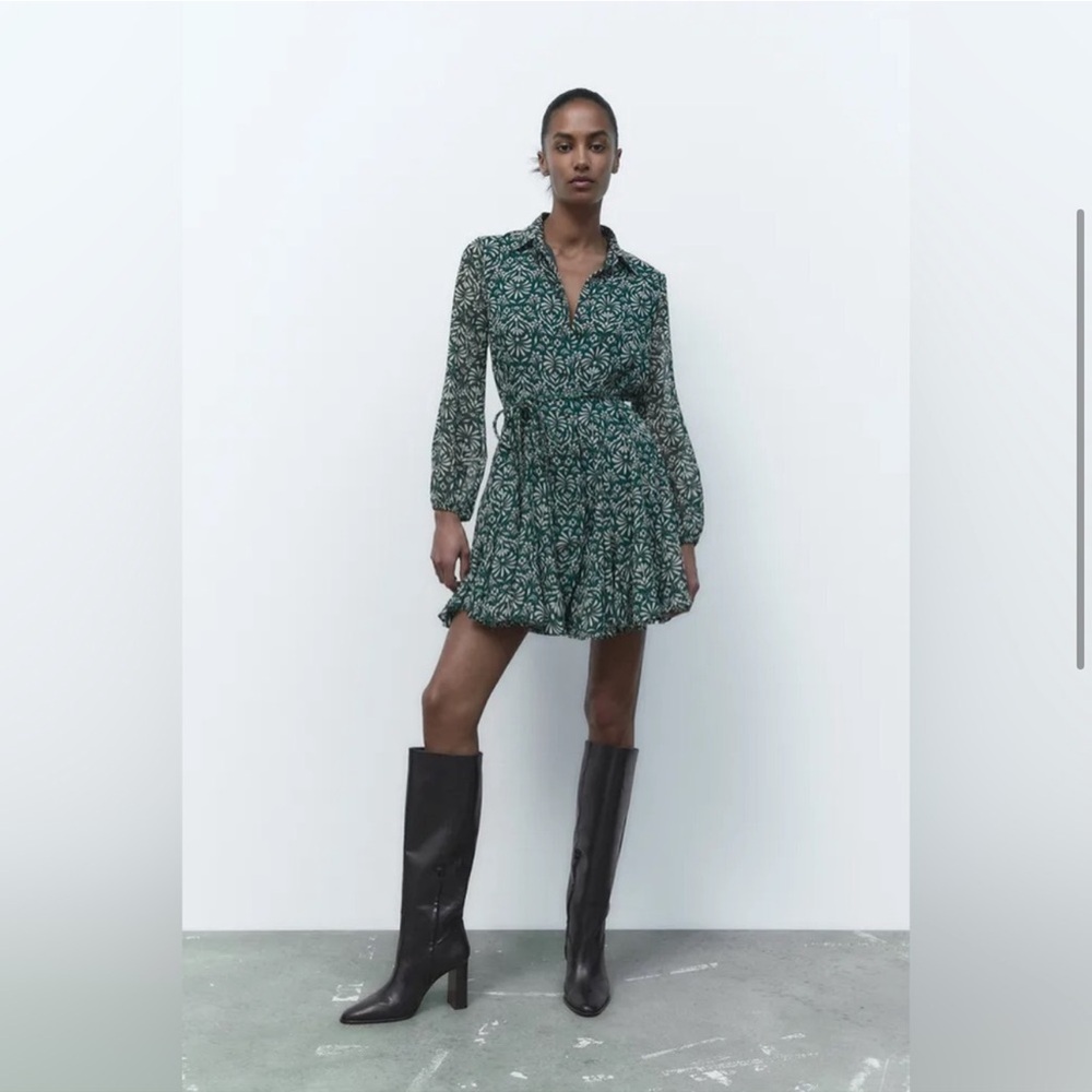 Zara Green Printed Flounced Skater Mini Dress Large